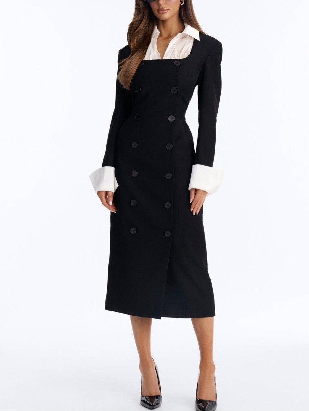 Crepe Long Sleeve Button Up Midi Dress